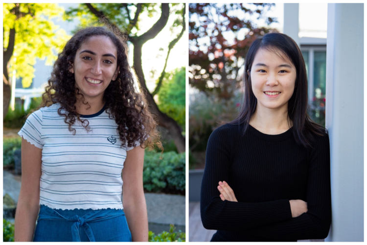 Aziza Almanakly and Belinda Li, two EECS graduate students, smile at the camera